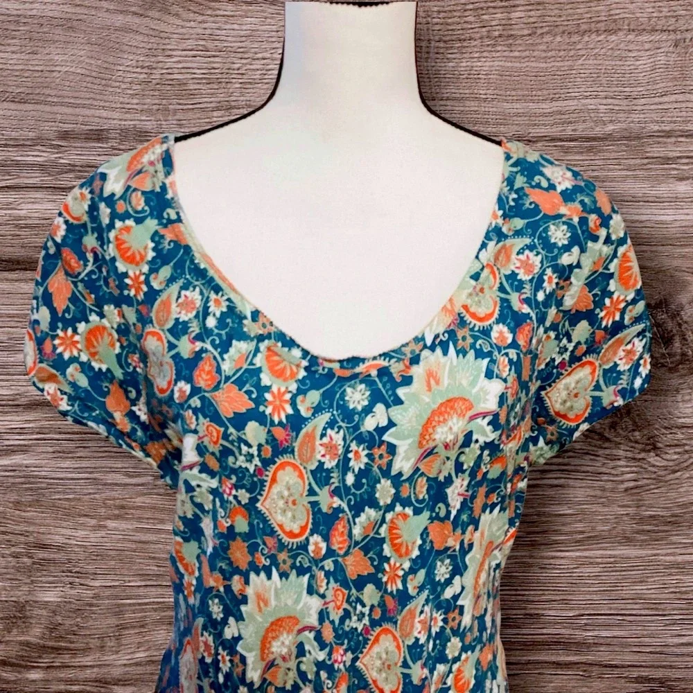 Soft Surroundings Kara Maxi Dress Large TealFloral Boho Tiered Cottagecore  2X - Picture 7 of 9